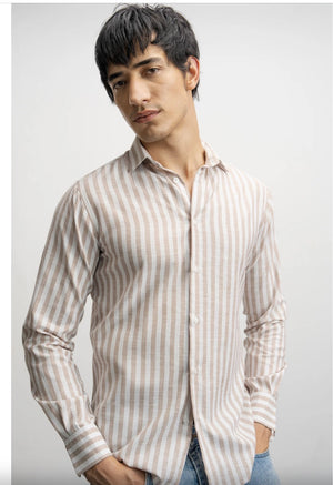 Regular Fit European Linen Stripe Shirt - Brown