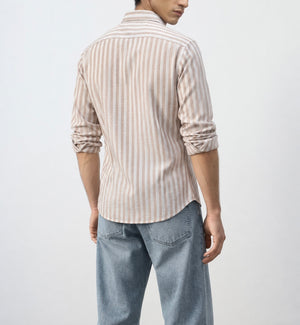 Regular Fit European Linen Stripe Shirt - Brown
