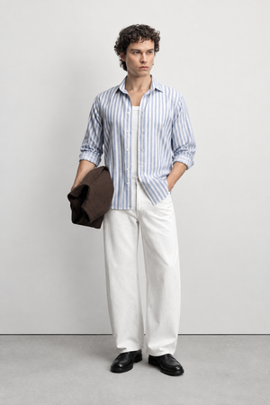 Regular Fit European Linen Stripe Shirt - Blue