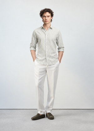 Regular Fit European Linen Stripe Shirt -Olive Green