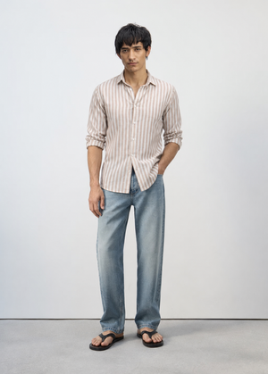Regular Fit European Linen Stripe Shirt - Brown