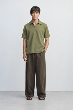 Regular Fit Lyocell-Linen Zip Shirt -Olive Green