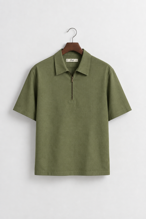 Regular Fit Lyocell-Linen Zip Shirt -Olive Green