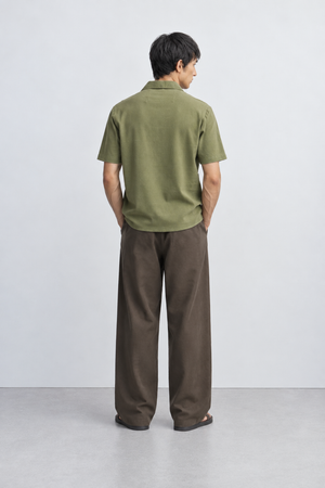 Regular Fit Lyocell-Linen Zip Shirt -Olive Green