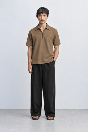 Regular Fit Lyocell-Linen Zip Shirt -Brown
