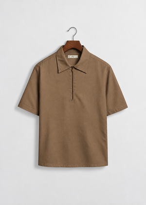 Regular Fit Lyocell-Linen Zip Shirt -Brown